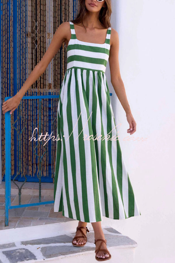 Fashionable Striped Printed Square Neck Sleeveless Casual Vacation Maxi Dress
