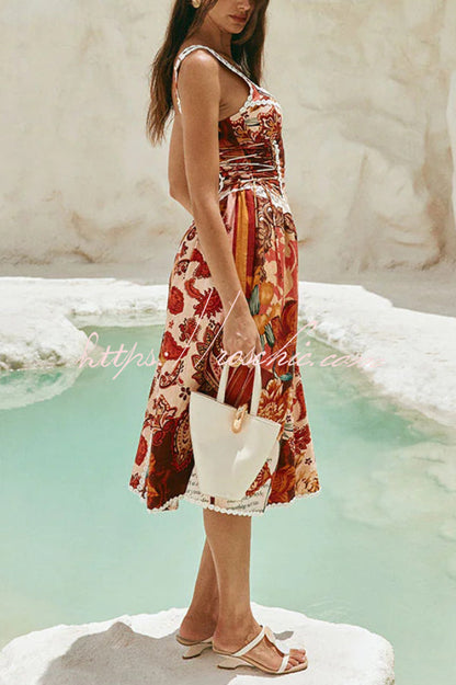 Unique Printed Floral Trim Suspender Side Tie Vacation Midi Dress