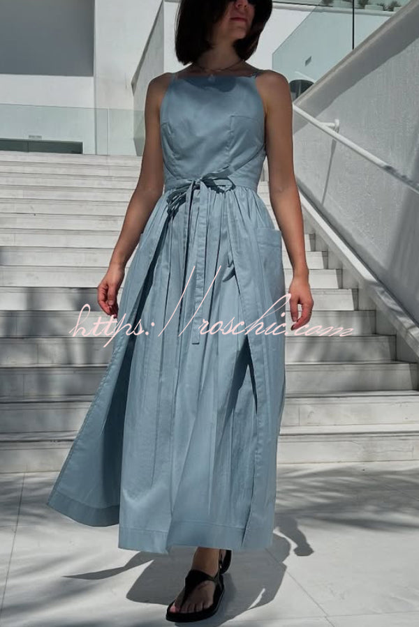 Solid Color Sleeveless Side Slit Tie-up Casual Vacation Pocket Maxi Dress
