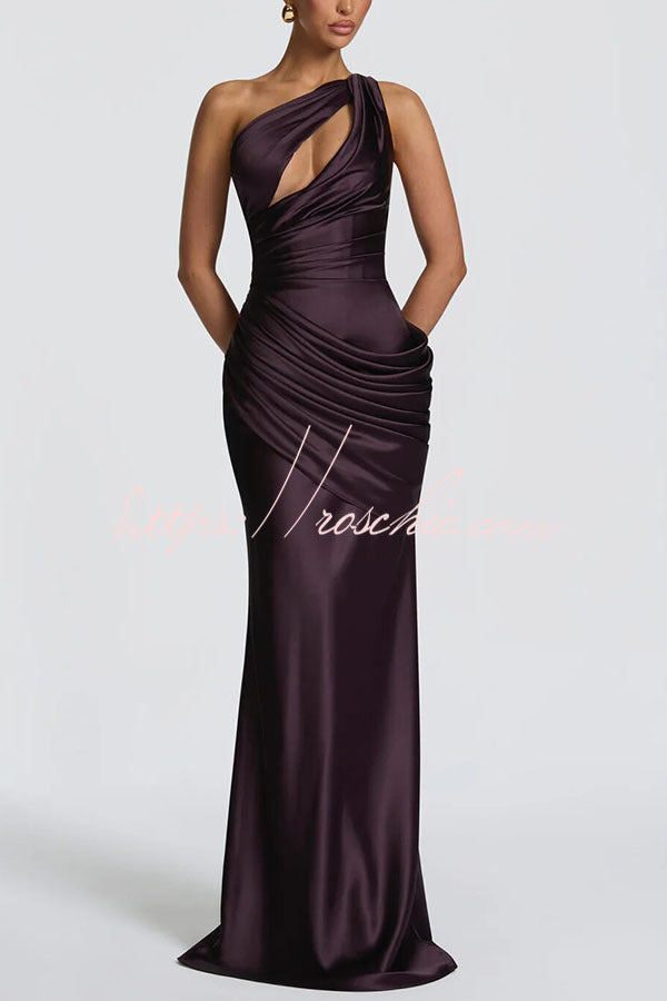 Emina Satin One Shoulder Asymmetrical Neck Cutout Back Lace-up Drape Maxi Dress