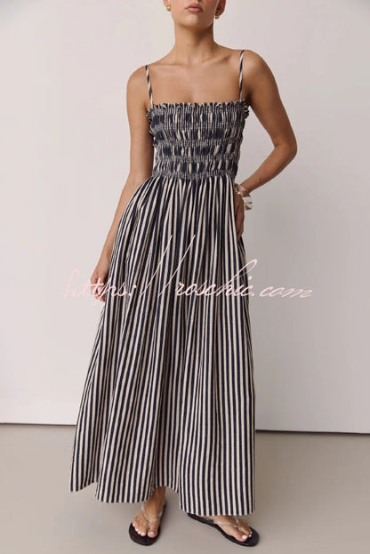 Striped Print Spaghetti Strap Pleated Pocket Casual Vacation Maxi Dress