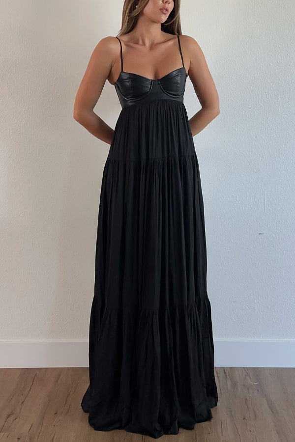 Stylish Leather Patchwork Suspender Casual Vacation Style Maxi Dresses