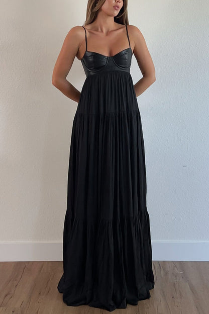 Stylish Leather Patchwork Suspender Casual Vacation Style Maxi Dresses