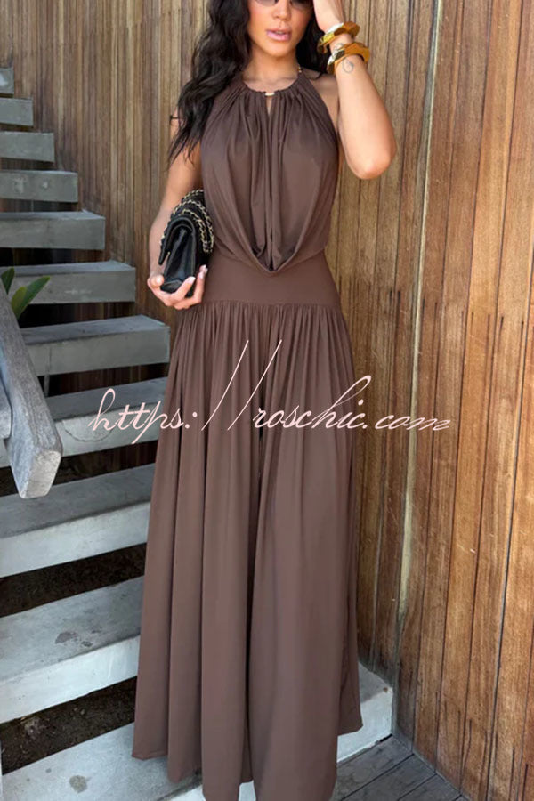 Lightweight Chic Metal Ring Drape Cowl Halter Neck Bodysuit and Elastic Waist Wide Leg Pants Set