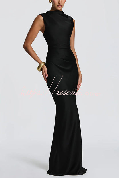 Avielle Satin High Neck Back Asymmetric Pleated Lace-up Drape Maxi Dress