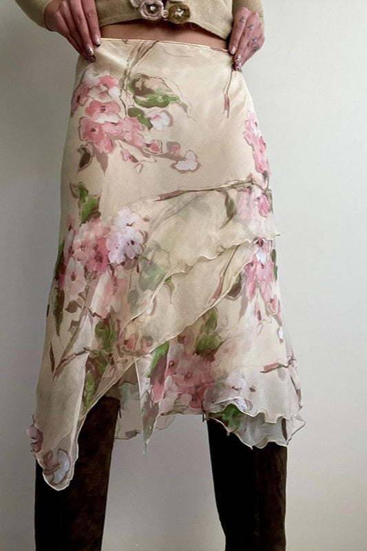 Color-Blocked Floral Print Bodycon Midi Skirt