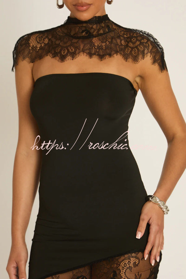 Fashionable Lace Shawl Strapless Slim-fit Lace Hem Mini Dress