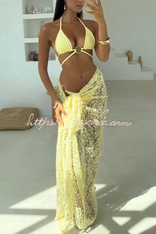 Solid Color Halter Neck Tie Stretch Two-piece Bikini Swimsuit and Sheer Lace Holiday Maxi Skirt Set