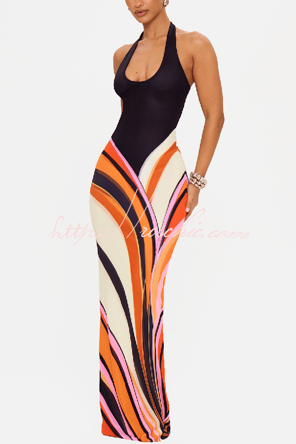 Summer Newness Colorblock Swirl Print Halter Neck Stretch Maxi Dress