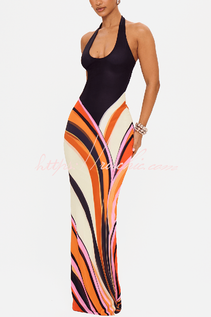 Summer Newness Colorblock Swirl Print Halter Neck Stretch Maxi Dress