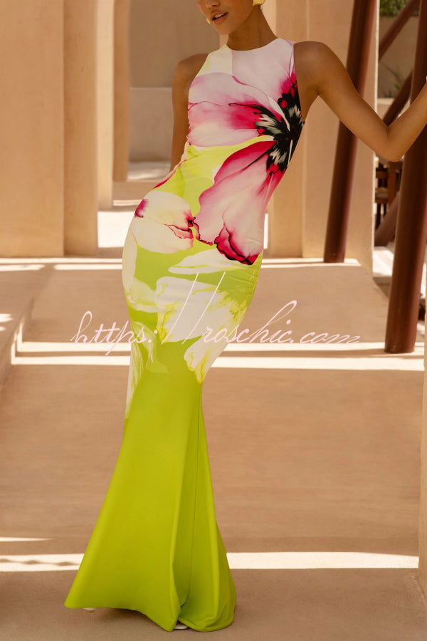 Floral Print Sleeveless Slim-fit Elegant Fishtail Maxi Dress