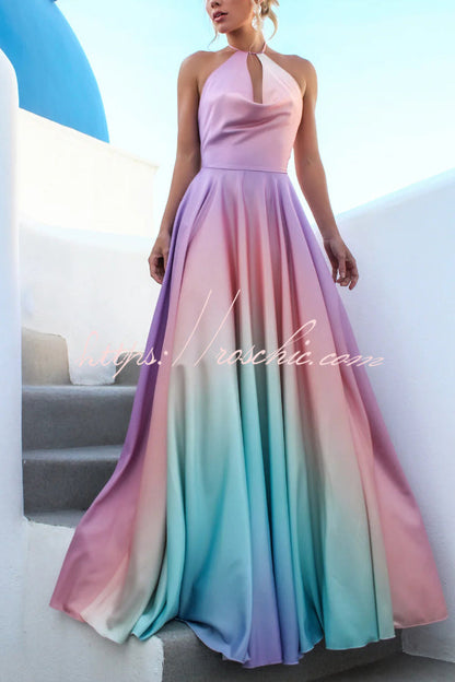 Fashionable Gradient Halter Neck Backless Tie-up Elegant Full Hem Maxi Dress