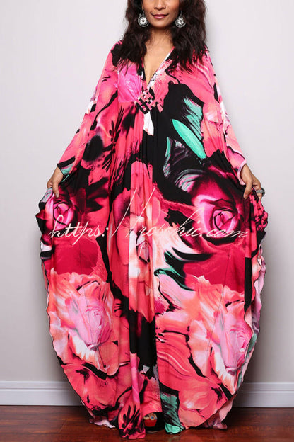 Unique Print Loose V-Neck Batwing Sleeve Casual Maxi Dress