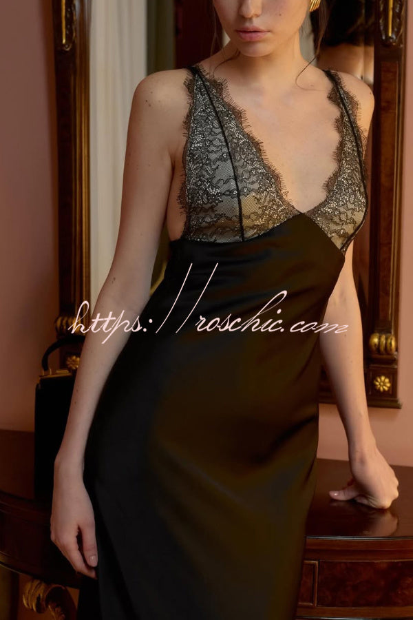 Fashionable Satin Lace Patchwork Spaghetti Strap Backless Elegant Slim-fit Maxi Dress