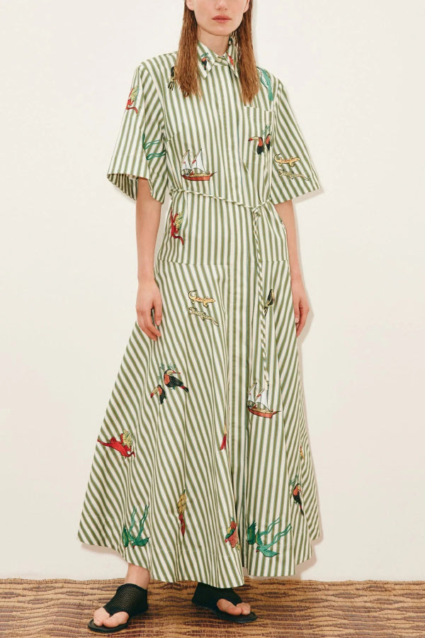 Linen Blend Striped Print Collared Short-sleeved Fitted Waist Belted Casual Maxi Dress