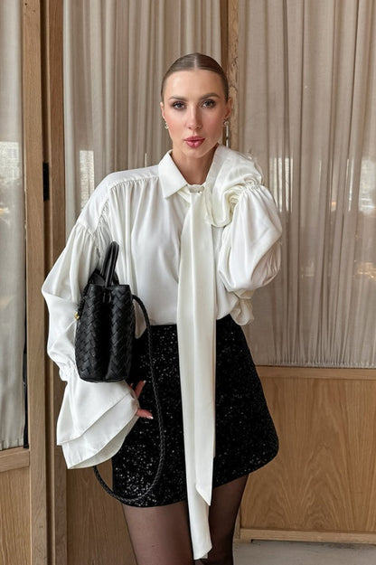 French Flare Sleeve Tie Blouse