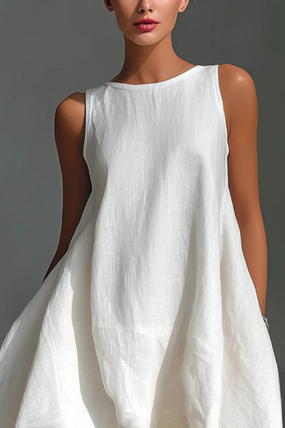 Linen Blend Solid Color Sleeveless Round Neck Irregular Casual Maxi Dress