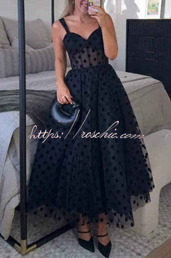Perfect Guest Tulle Polka Dot Sweetheart Bustier A-Line Midi Dress