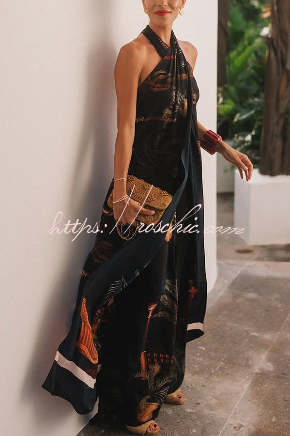 Jungle Elf Unique Print Halter Slit Midi Tank and Elastic Waist Wide Pants Set
