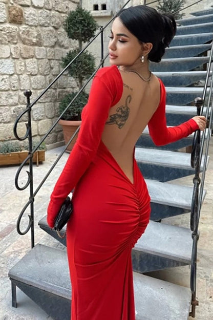Vestido Formal Ajustado sin Espalda de Manga Larga