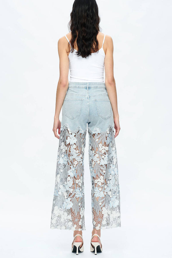 Elegant Lace Openwork Casual Pocket Straight Leg Jeans