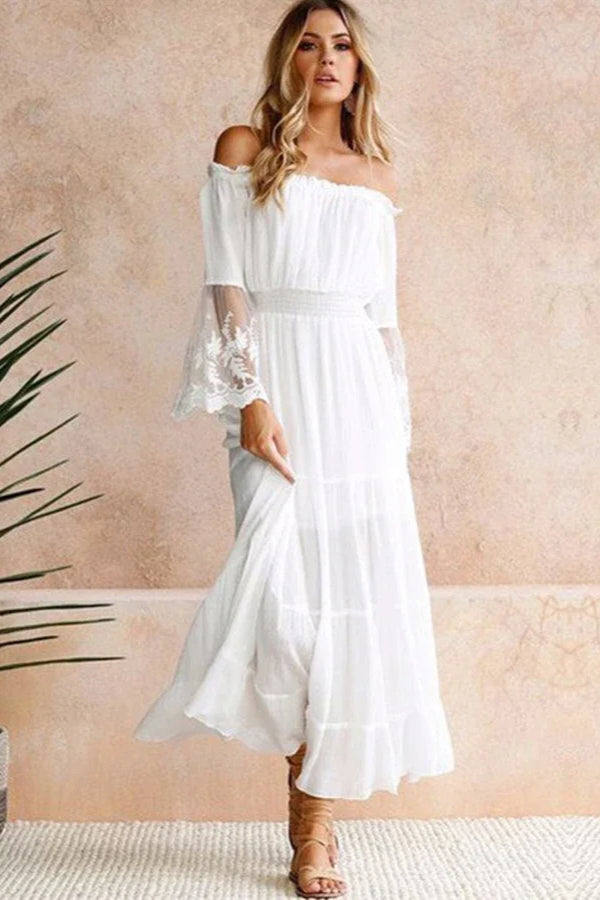 Vestido bohemio con hombros descubiertos y mangas acampanadas