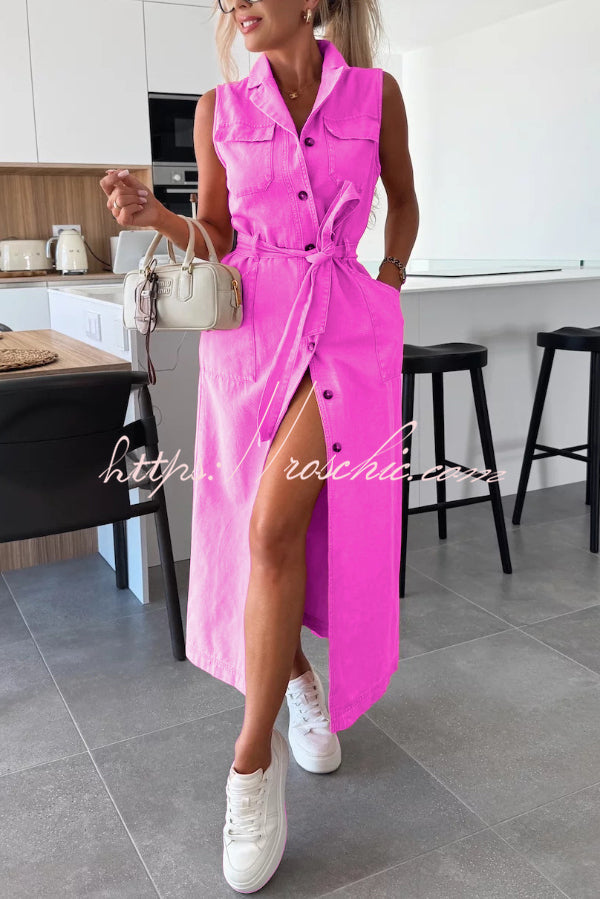 Solid Color Sleeveless Single Breasted Waist Tie Casual Pocket Denim Midi Dress