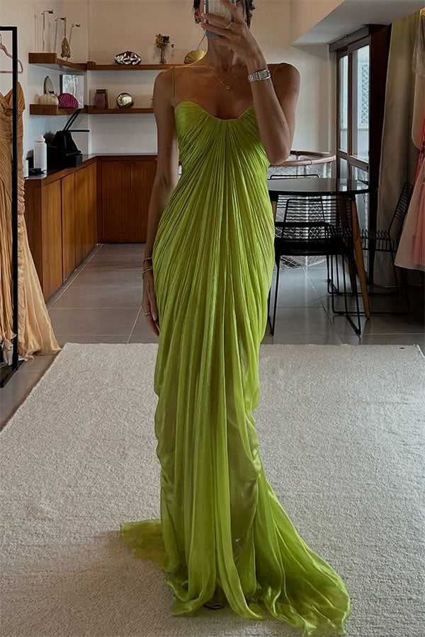 Victoria Shimmering and Flowing Pleated Fabric Back Lace-up Drape Maxi Dress