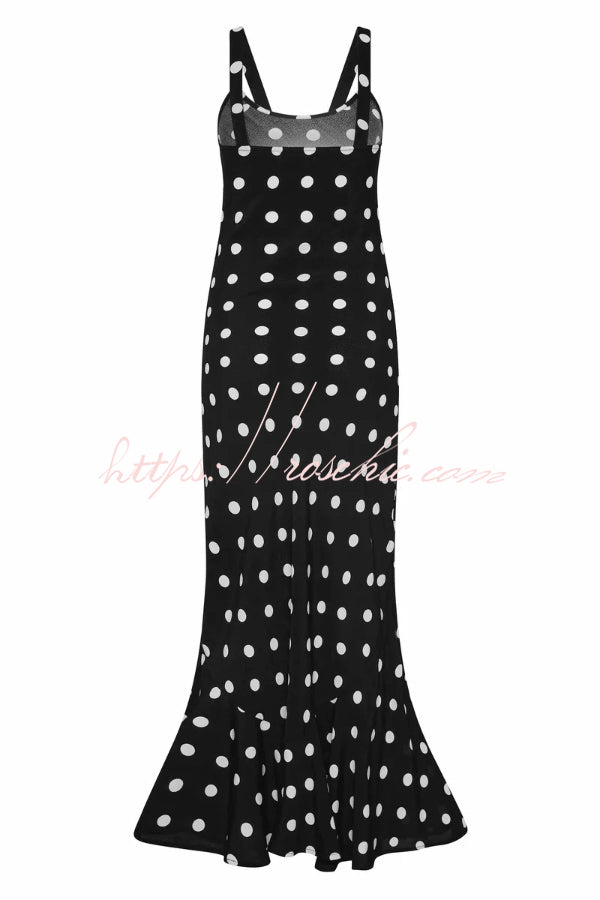 Polka Dot Print Sleeveless Spaghetti Strap Slim-fit Elegant Ruffled Hem Maxi Dress