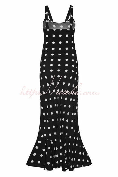 Polka Dot Print Sleeveless Spaghetti Strap Slim-fit Elegant Ruffled Hem Maxi Dress