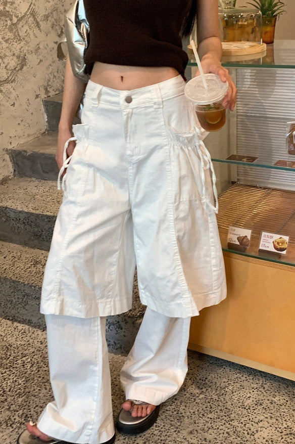 Pantalones vaqueros holgados Y2K blancos de dos piezas simuladas con pajarita