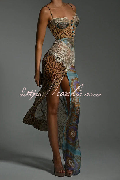 Chiffon Leopard Print Sexy Lace Splicing High Slit Slim Maxi Dress