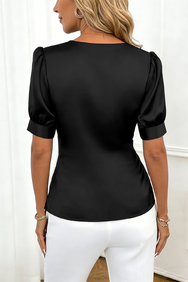 Solid Color Satin V-neck Short-sleeved Casual Top