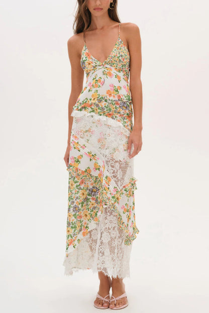 Fashionable Floral Print Lace Patchwork Hollow-out Slim Fit Vacation Ruffle Maxi Dress