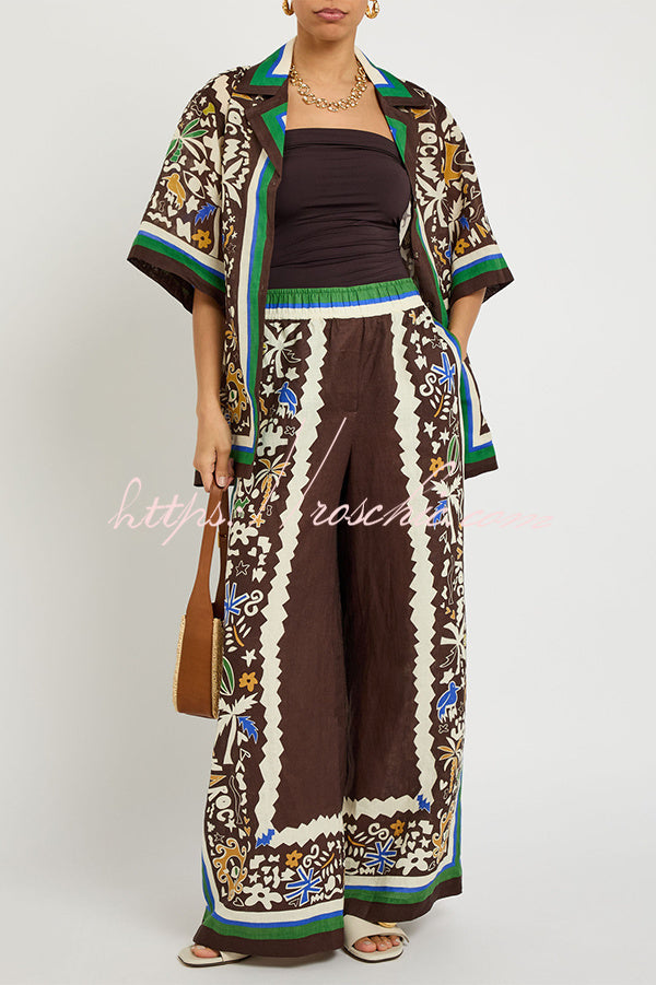 Antibes Satin Court Unique Printed Long Sleeve Loose Shirt and Elastic Waist Pants Set