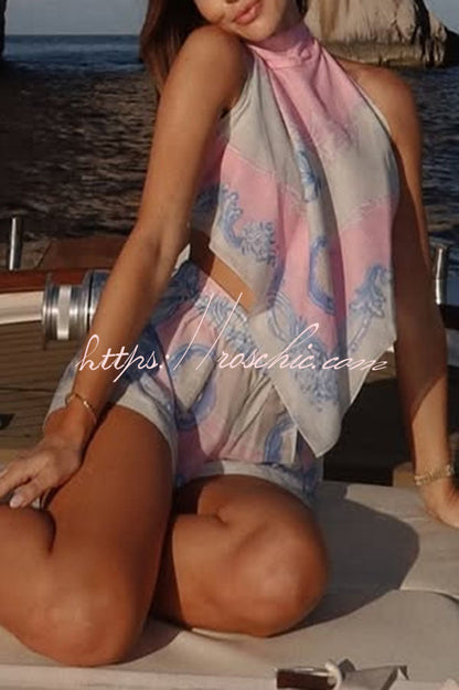 Amalfi Coast Satin Unique Print Scarf Top and Elastic Waist Pocket Loose Shorts Set
