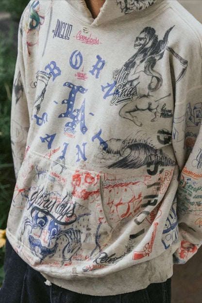 Distressed Rhinestone Graffiti Print Hoodie