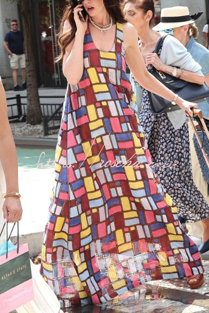 Stylish Color-blocked Plaid Print Sleeveless Round Neck Loose Maxi Dress