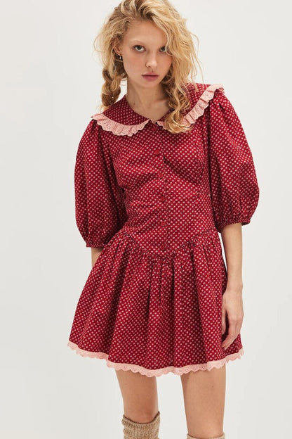 Minivestido vintage de lunares con cuello Peter Pan y mangas abullonadas