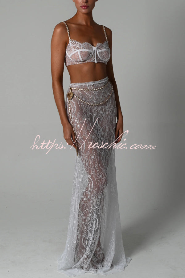 Stylish Lace Camisole Bra Top and Vacation See-through Maxi Fishtail Skirt Set