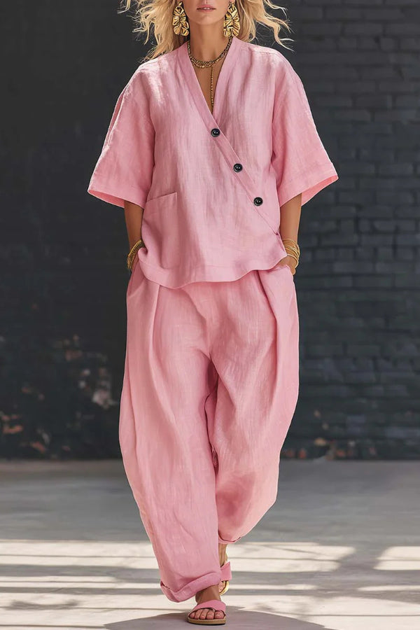 Linen Blend Solid Color V-neck Short-sleeved Loose Top and Elastic Waist Pocket Casual Pants Set