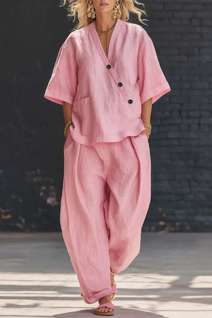 Linen Blend Solid Color V-neck Short-sleeved Loose Top and Elastic Waist Pocket Casual Pants Set