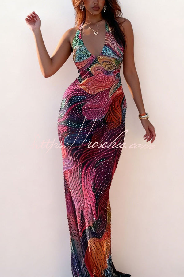 Fashionable Colorful Printed Sleeveless Halter Neck Slim-fit Maxi Dress