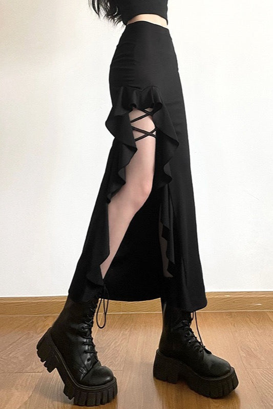 Black Ruffle Trim Slit Bodycon Skirt
