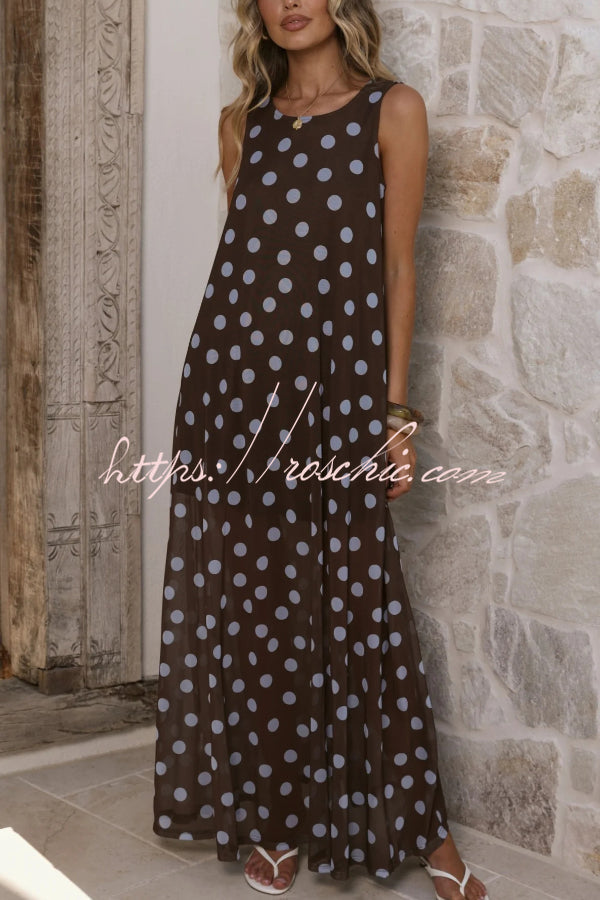 Polka Dot Print Loose Round Neck Sleeveless Mesh Casual Maxi Dress