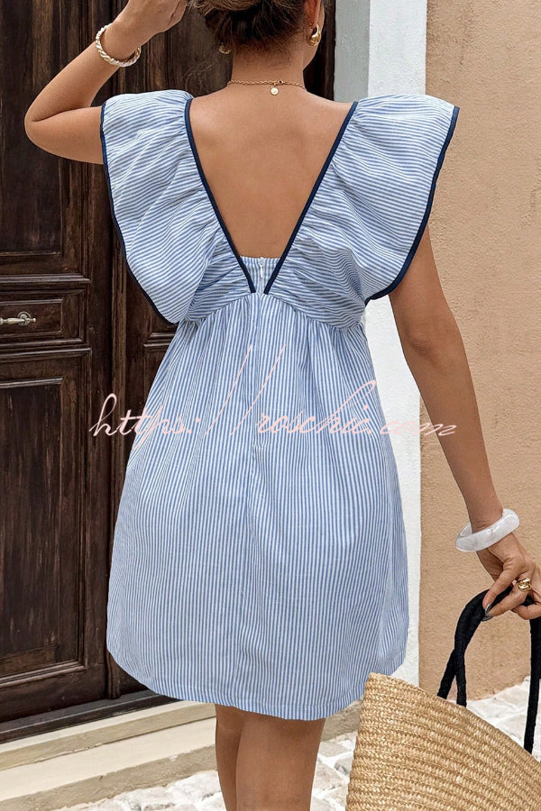 Striped Print Loose V-neck Tie Bow Casual Mini Dress
