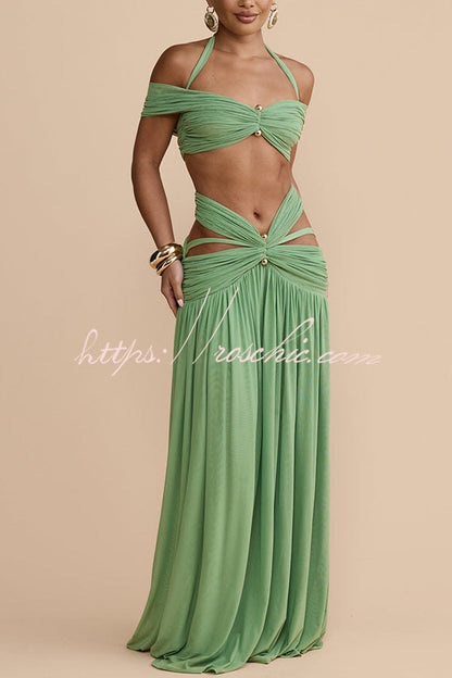 Martina Stretch Mesh Gold Metal Detail Gathered Cutout Waist Vacation Maxi Skirt