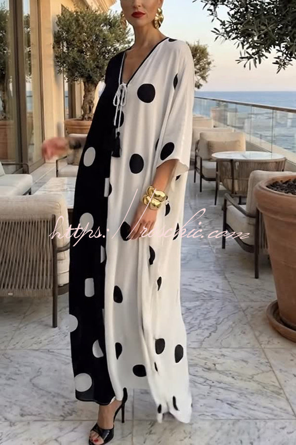 Lucia Chiffon Contrast Color Polka Dot Print Tie-up Neck Kaftan Vacation Maxi Dress