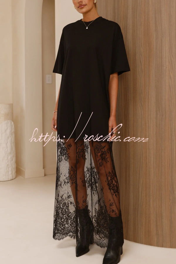 Stylish Loose-fitting Round Neck Short-sleeved Spliced lace Hem Maxi Dress