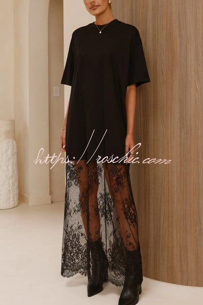 Stylish Loose-fitting Round Neck Short-sleeved Spliced lace Hem Maxi Dress